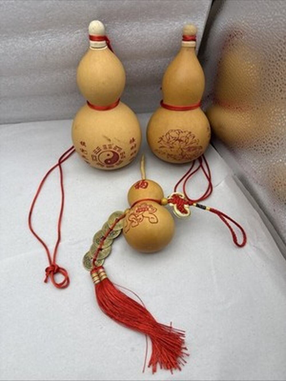 Vintage Chinese Natural Gourd Feng Shui Good Luck Ornament, 3 pcs. USED *read...